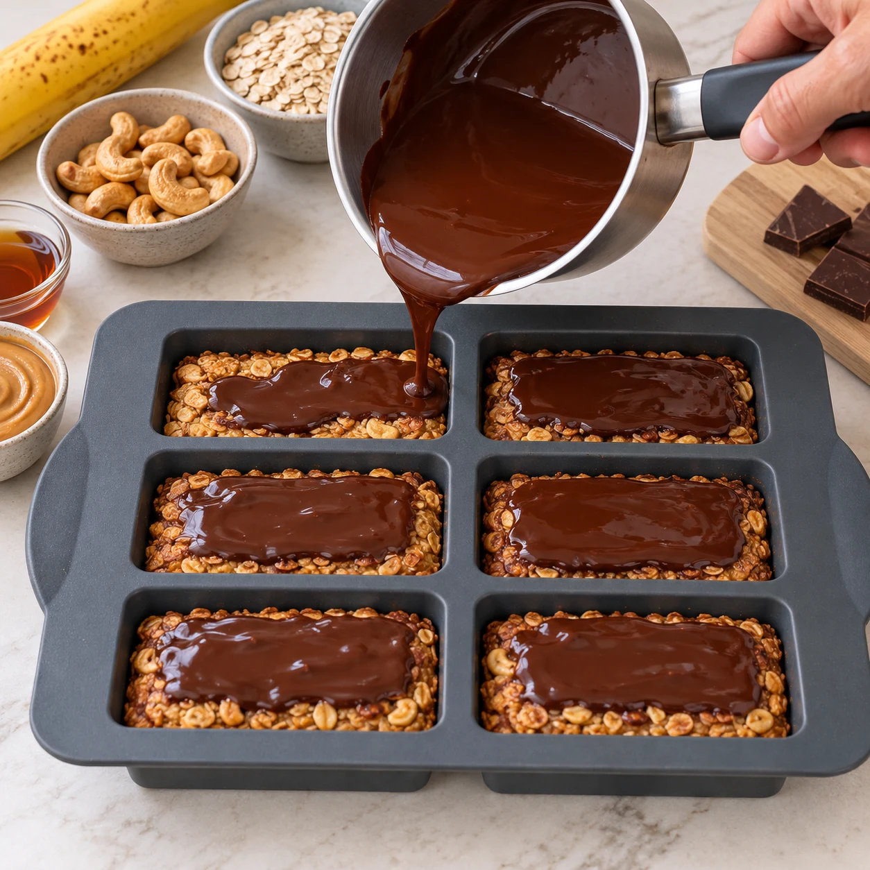 Petite casserole versant chocolat fondu sur six bases dorées dans moule silicone.