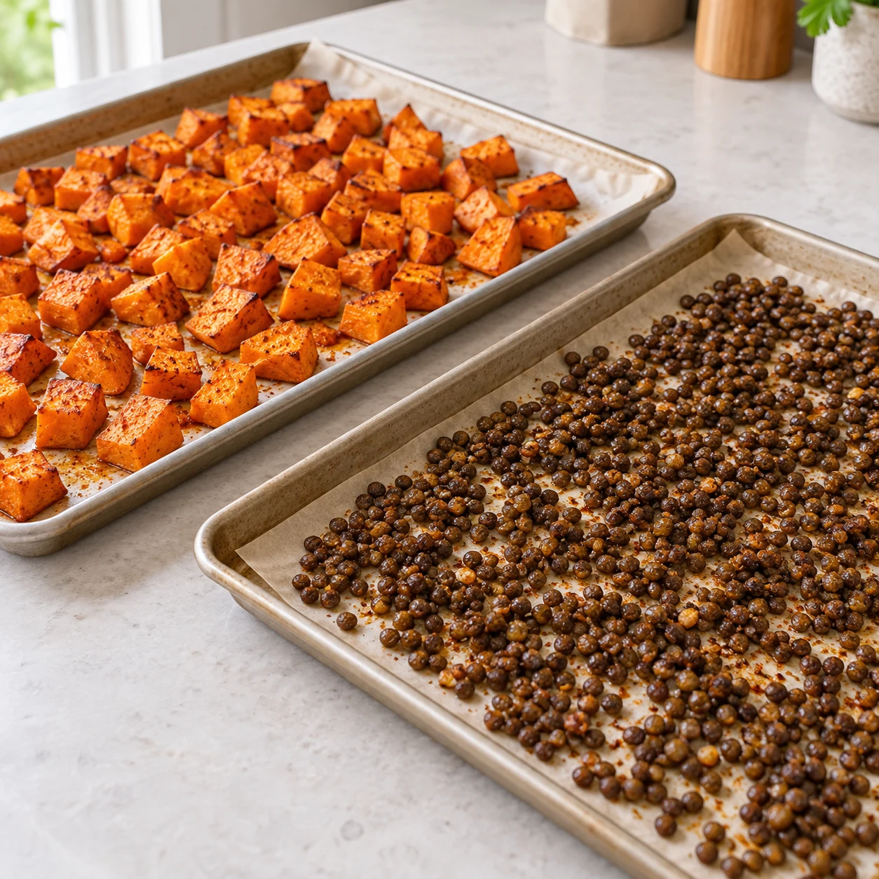 Deux plaques séparées sur une pierre pâle : cubes de patate douce orange et lentilles croustillantes, aucun geste ni vapeur.