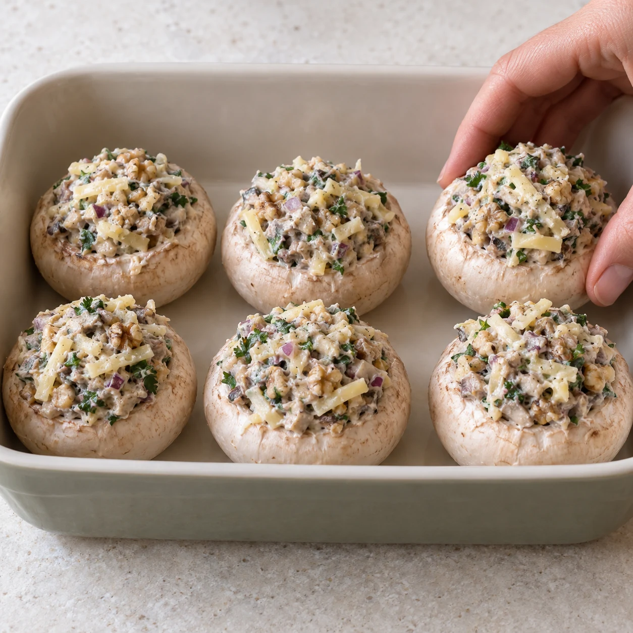 Une photographie pédagogique du geste « Placer les champignons dans le plat » et de son résultat : Les champignons tiennent debout dans le plat et la farce reste en place. Fidélité aux ingrédients végétaux finaux, sans autre ingrédient.