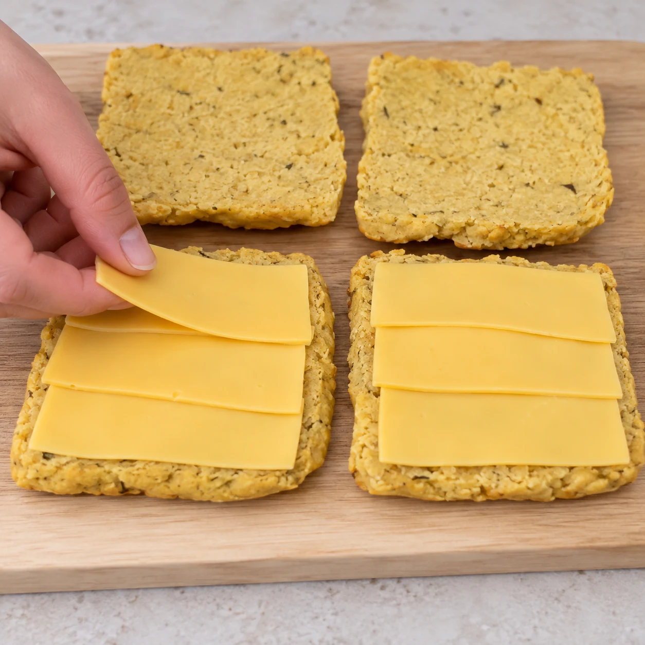 Répartir environ deux tiers des 126 g de fromage végétal sur les deux bases. Montrer uniquement du fromage végétal jaune en tranchettes, différent de la feta blanche de la source.