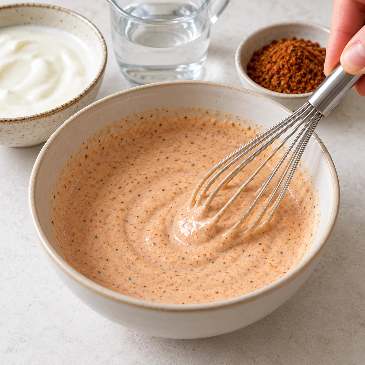 Mélangez les 140 g de yaourt soja nature avec les 10 cl d’eau et la cuillère à soupe d’épices mexicaines. Incorporez l’eau progressivement car le yaourt végétal est plus fluide que le Skyr ; n’ajoutez pas de volume supplémentaire. Montrer uniquement la phase décrite et la variante végane aux pois chiches.