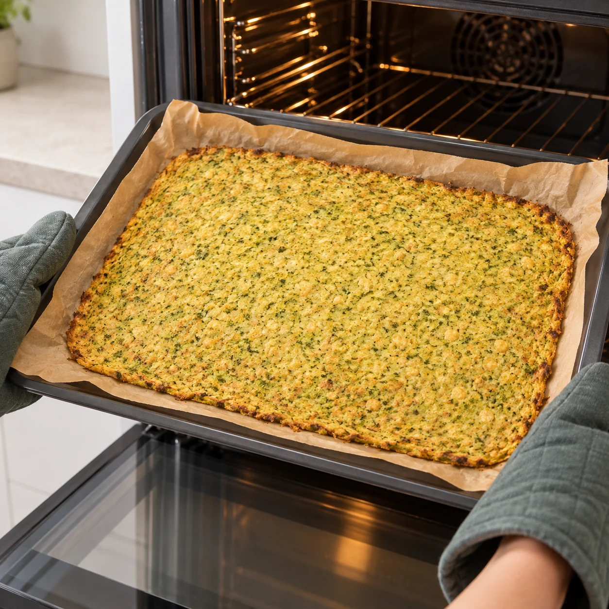 Plaque de base au brocoli cuite et légèrement dorée sans aucune garniture, sortie du four avec mains anonymes protégées.