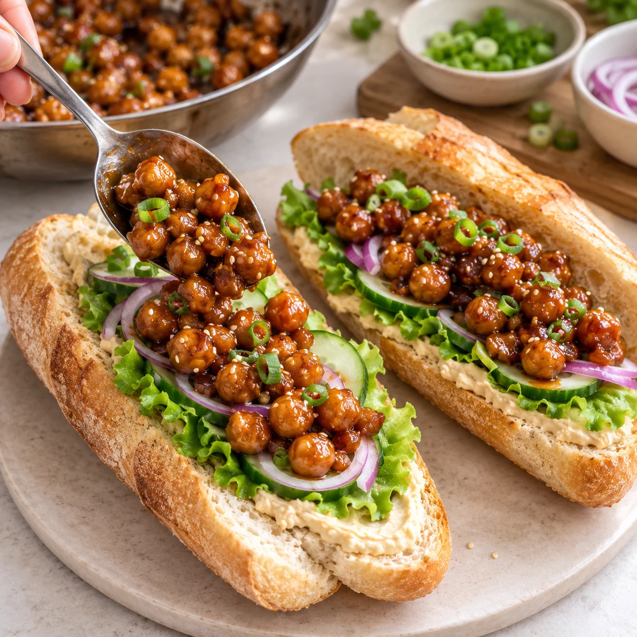 Ajout de pois chiches teriyaki aux crudités dans un sandwich ouvert.