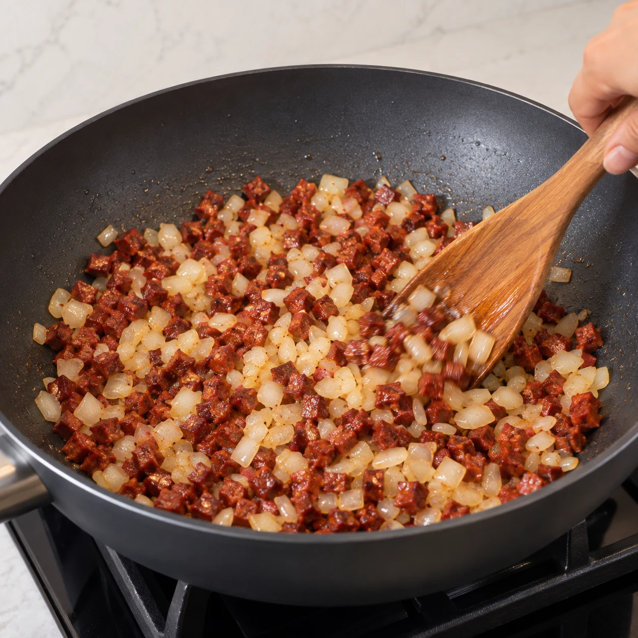 Une seule photo carrée montrant faire sauter l’oignon. L’oignon est réparti dans le wok et commence à devenir translucide. Seulement les ingrédients déjà présents : Mini chorizo végétal, Mini chorizo végétal, Huile de tournesol, Oignon jaune. Les dés sont rouge-brun de chorizo entièrement végétal, sans viande ni morceaux de gras blanc.