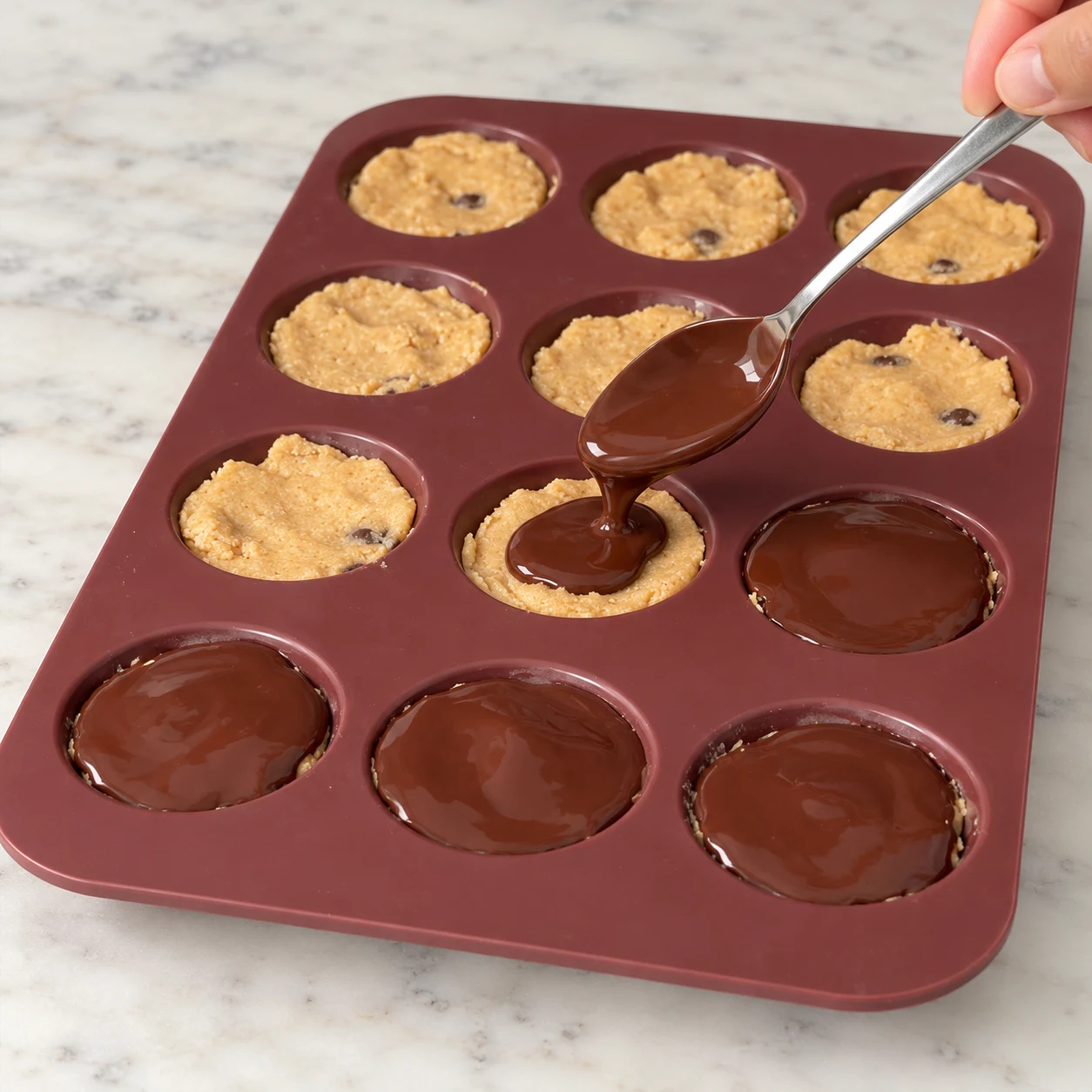 Une cuillère verse du chocolat fondu sur les bases beiges ; quatre empreintes sont déjà nappées.