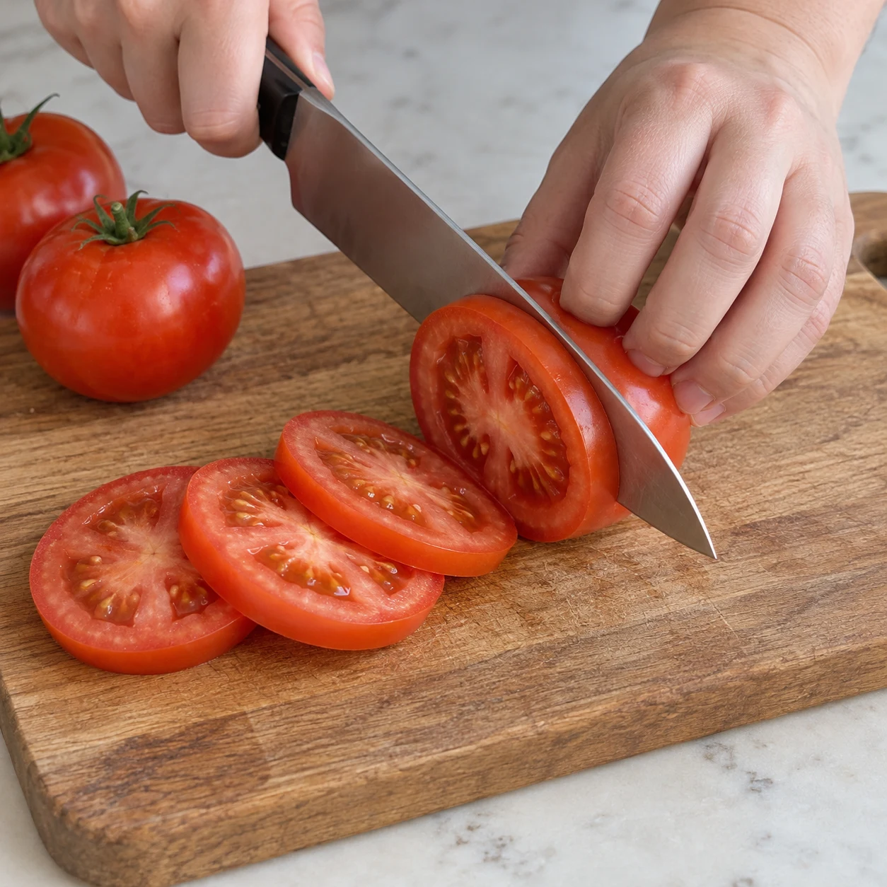 Une image carrée de l’action « Couper les tomates en rondelles », avec seulement les ingrédients autorisés à cette étape, dans leur état réel. Les rondelles de tomate sont régulières et tiennent dans le pain. Mains anonymes si le geste le nécessite, aucun visage ni texte.