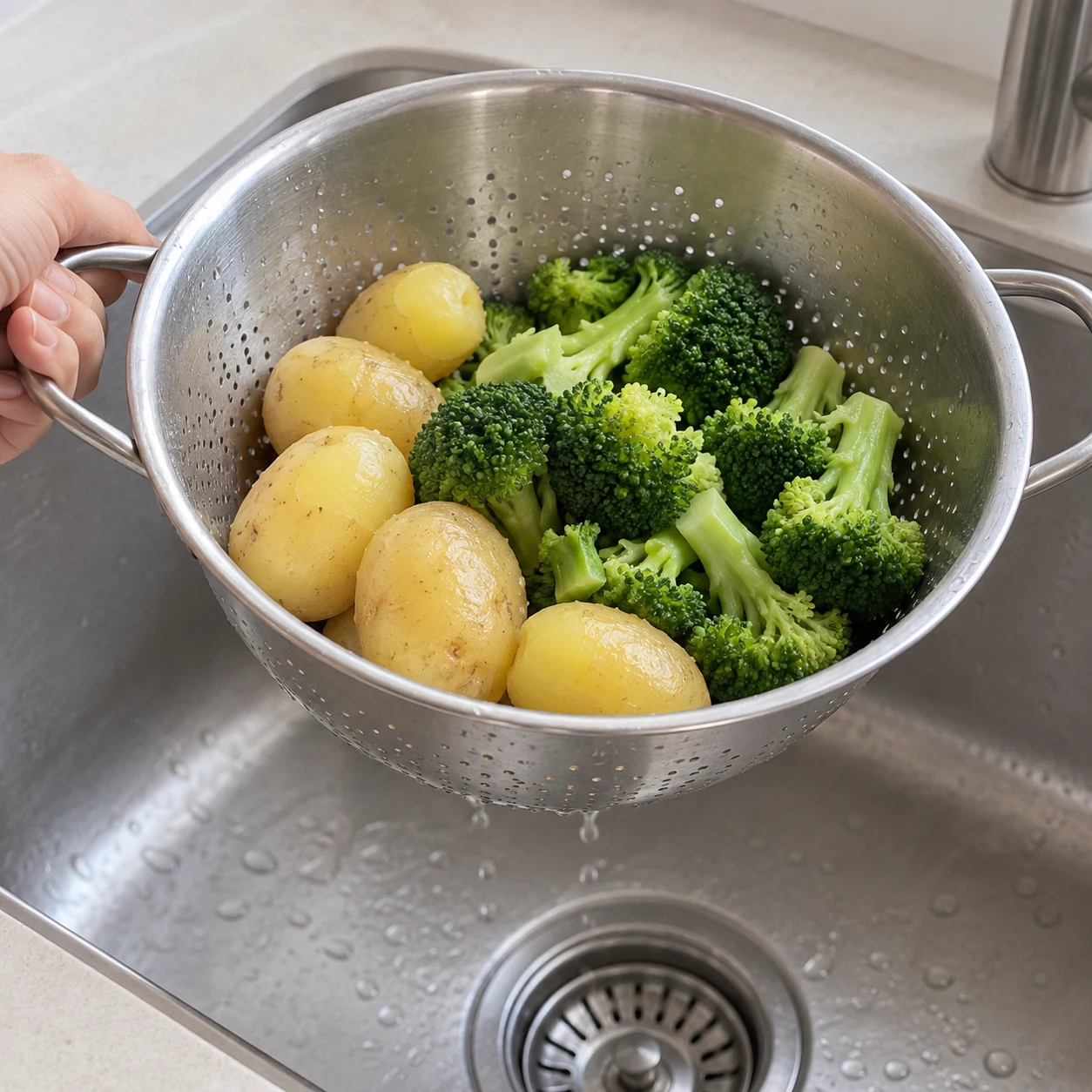 Légumes cuits dans une passoire au-dessus de l’évier.