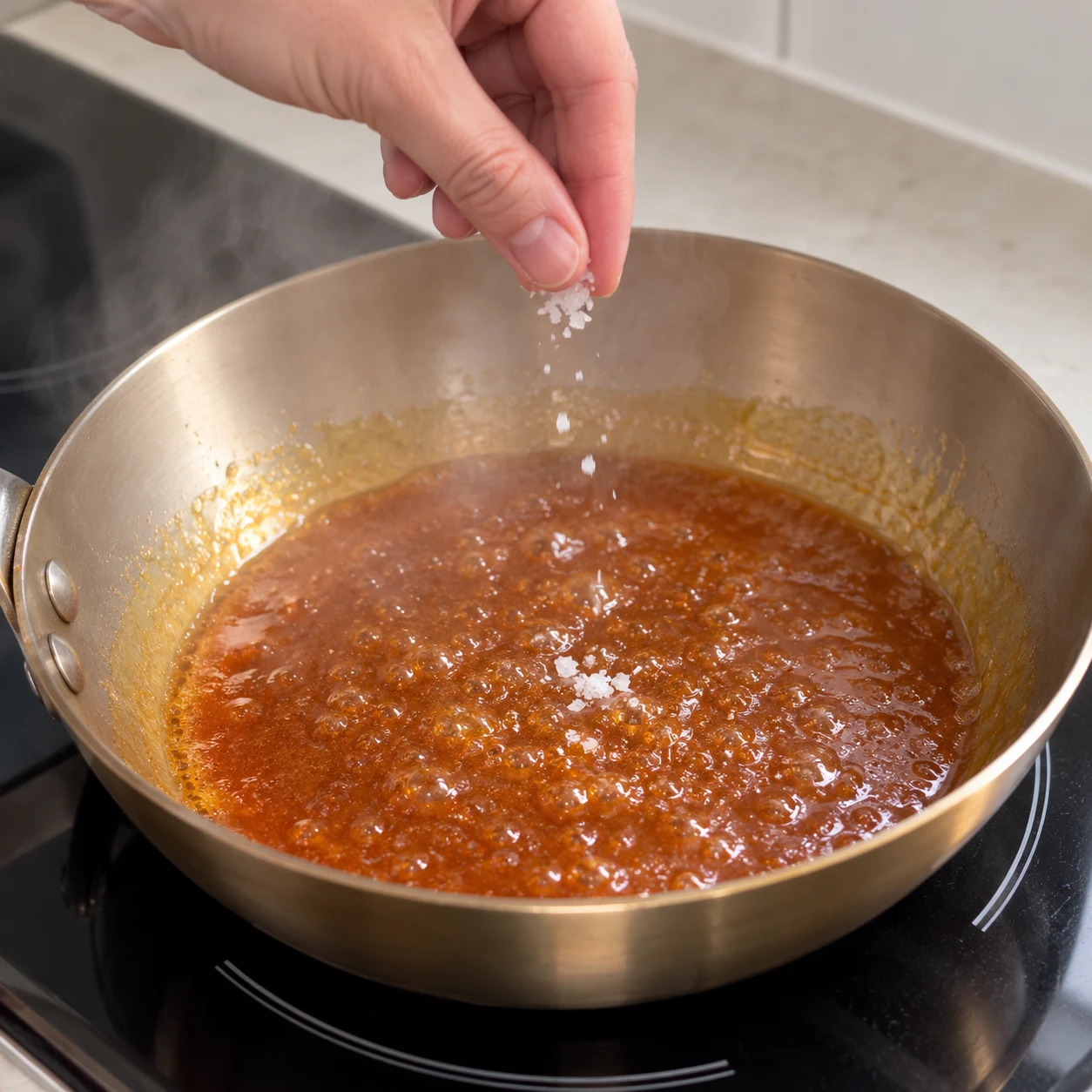Une pincée de fleur de sel versée sur le caramel dans la poêle.
