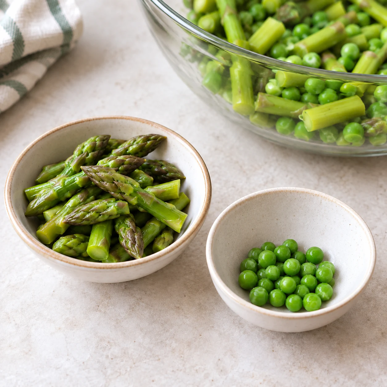 Réserver la garniture. Les pointes et les deux cuillères de petits pois sont à part. Une seule action, cadrage carré, aucun texte ni personne identifiable.