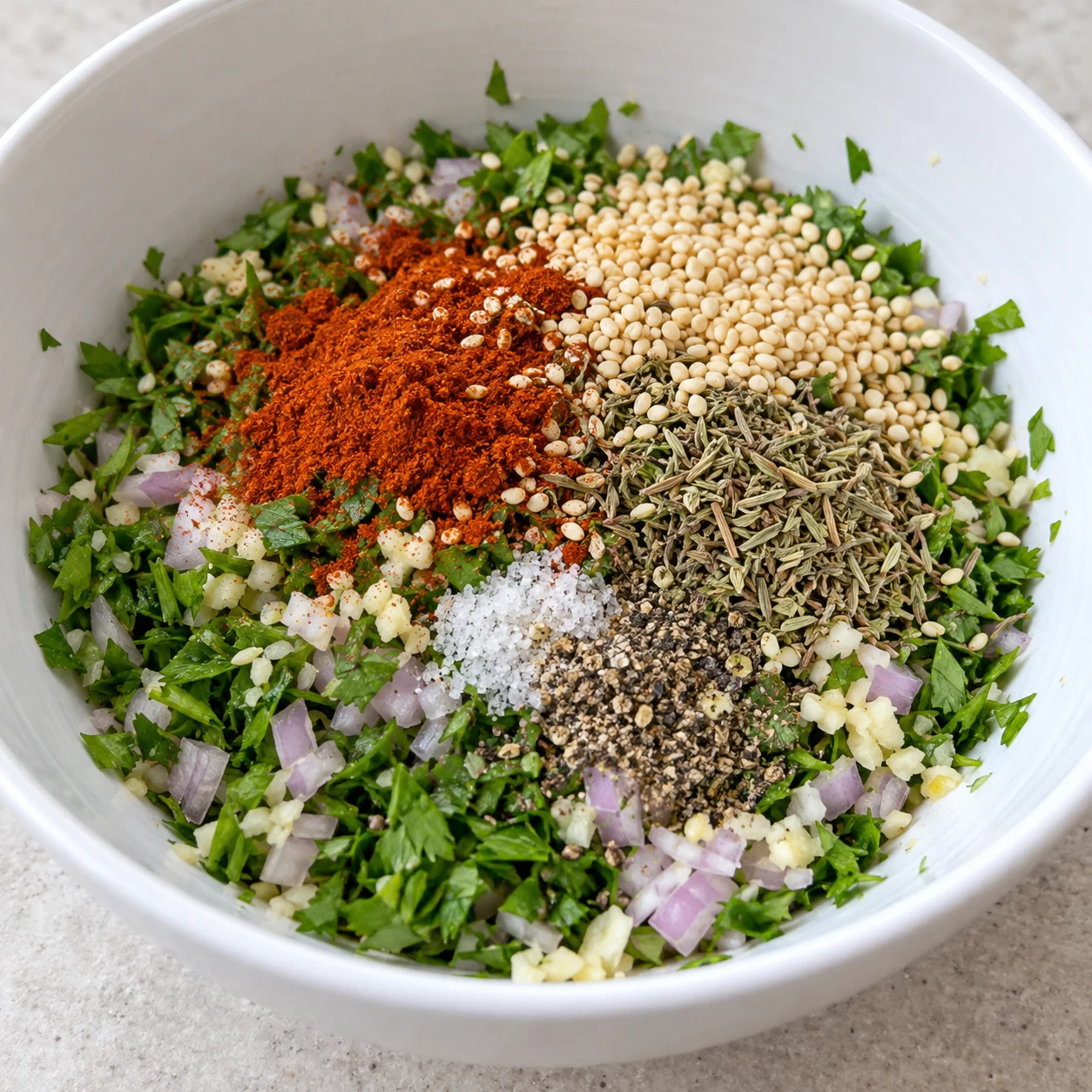 Montrer le thym séché, les graines de sésame beige et le piment doux finement moulu sur les herbes, l’échalote et l’ail hachés. Aucun sumac ni flocon de piment.