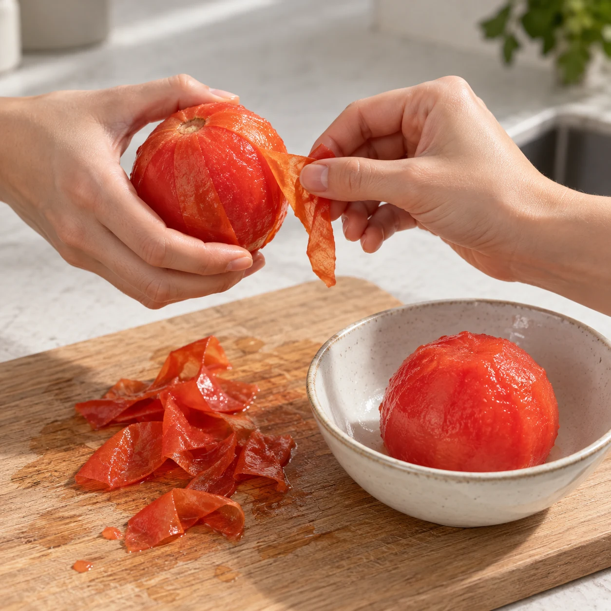 Peler les tomates. Les tomates n’ont plus leur peau.