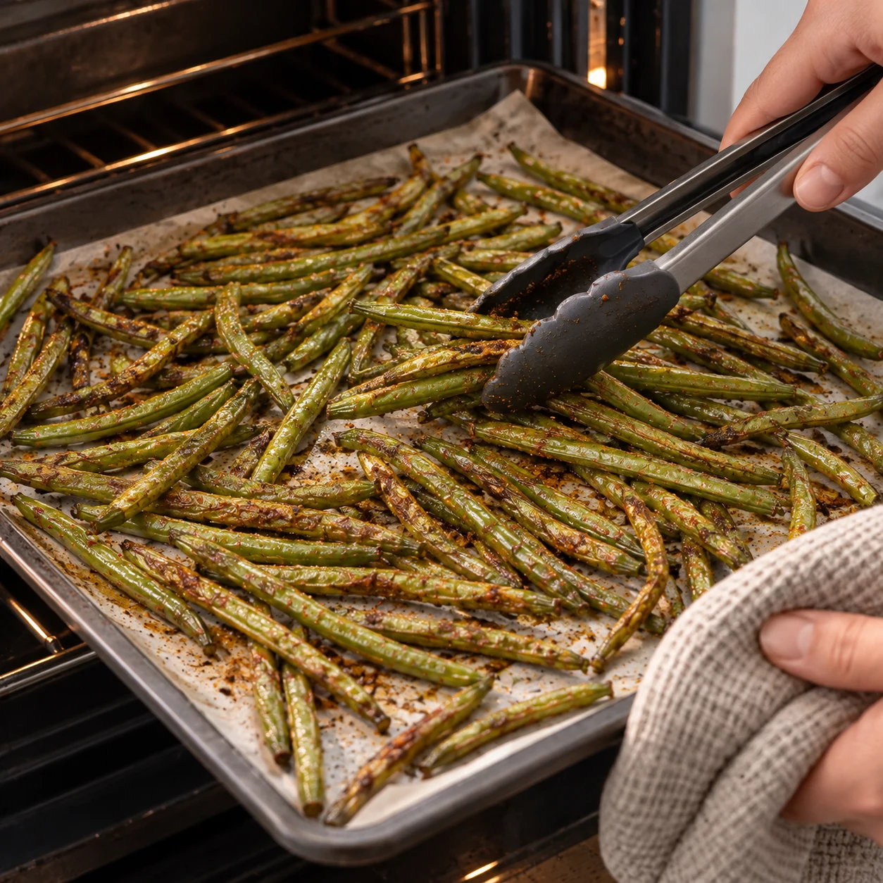 Haricots verts fins entiers rôtis, légèrement ridés, dorure par endroits ; aucune graine à nu, aucune cosse large, pas de sauce.