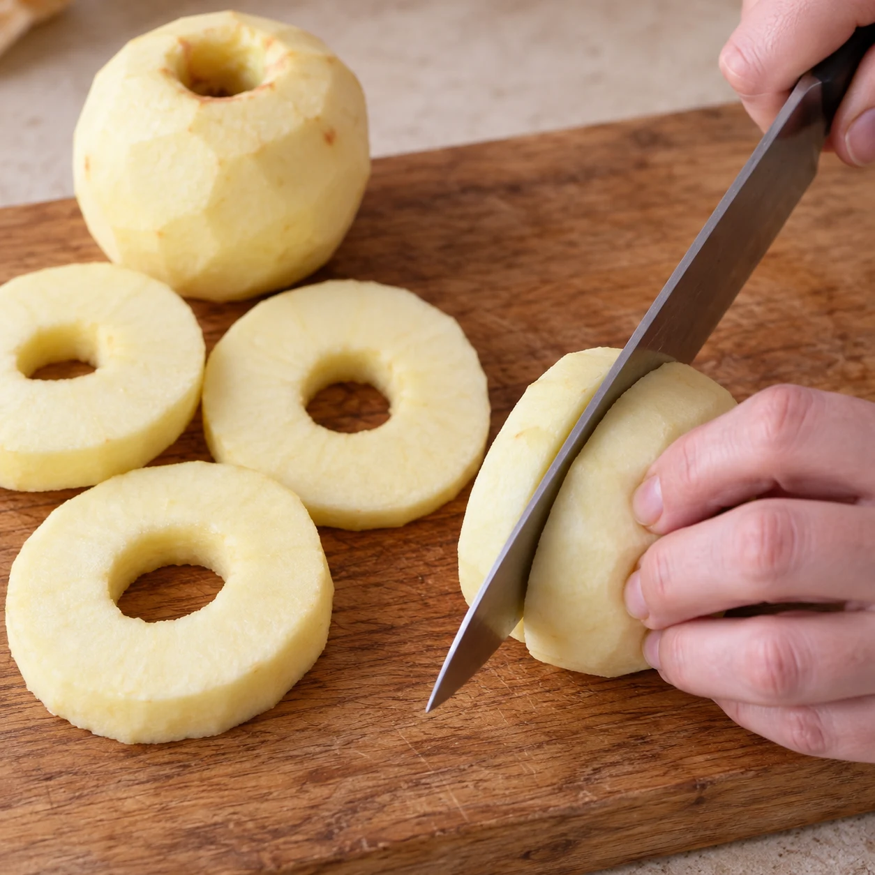 Couteau découpant une pomme pelée évidée en rondelles épaisses sur une planche, doigts en griffe sûre.