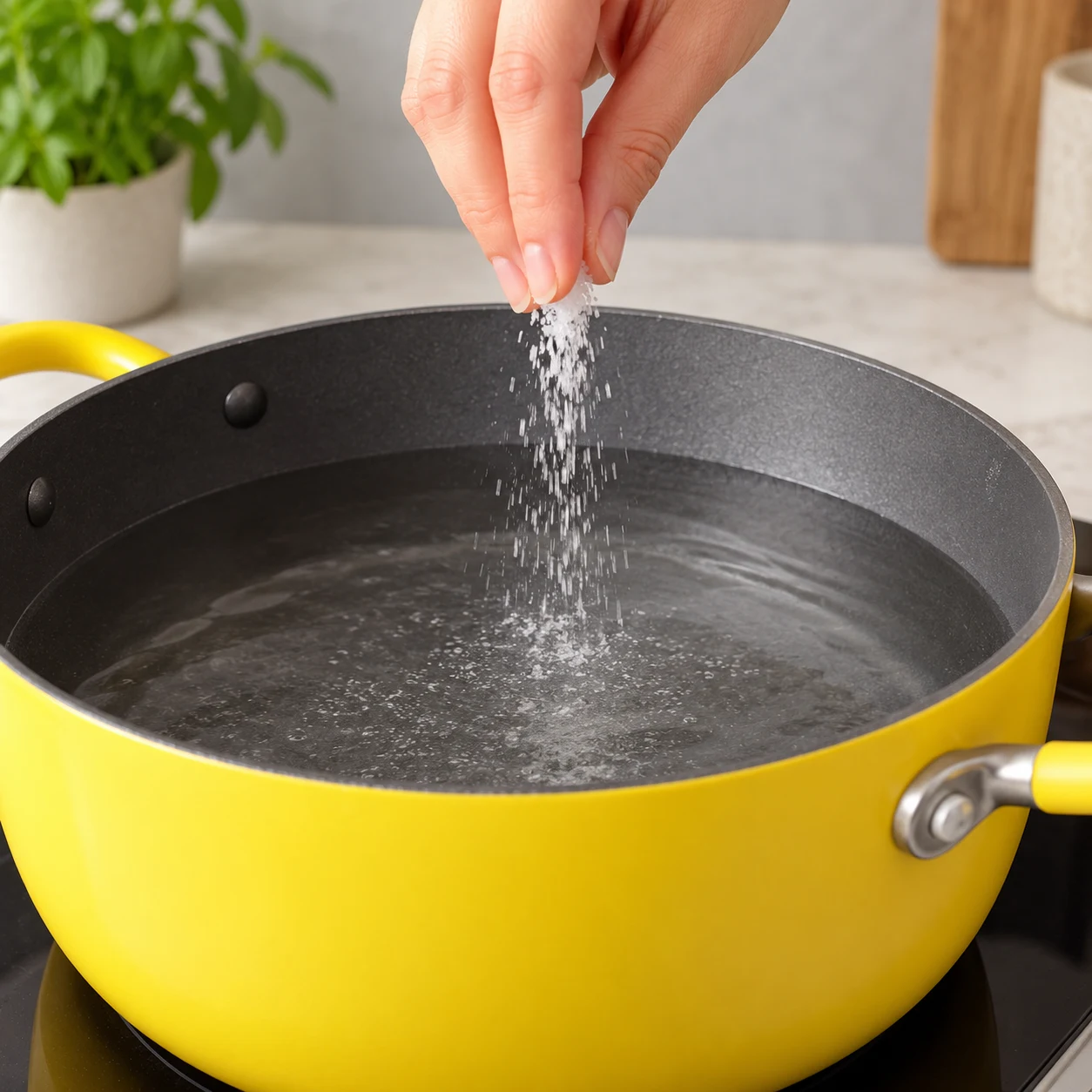 Main anonyme ajoutant une pincée de sel dans une casserole d’eau, sans pommes de terre encore.