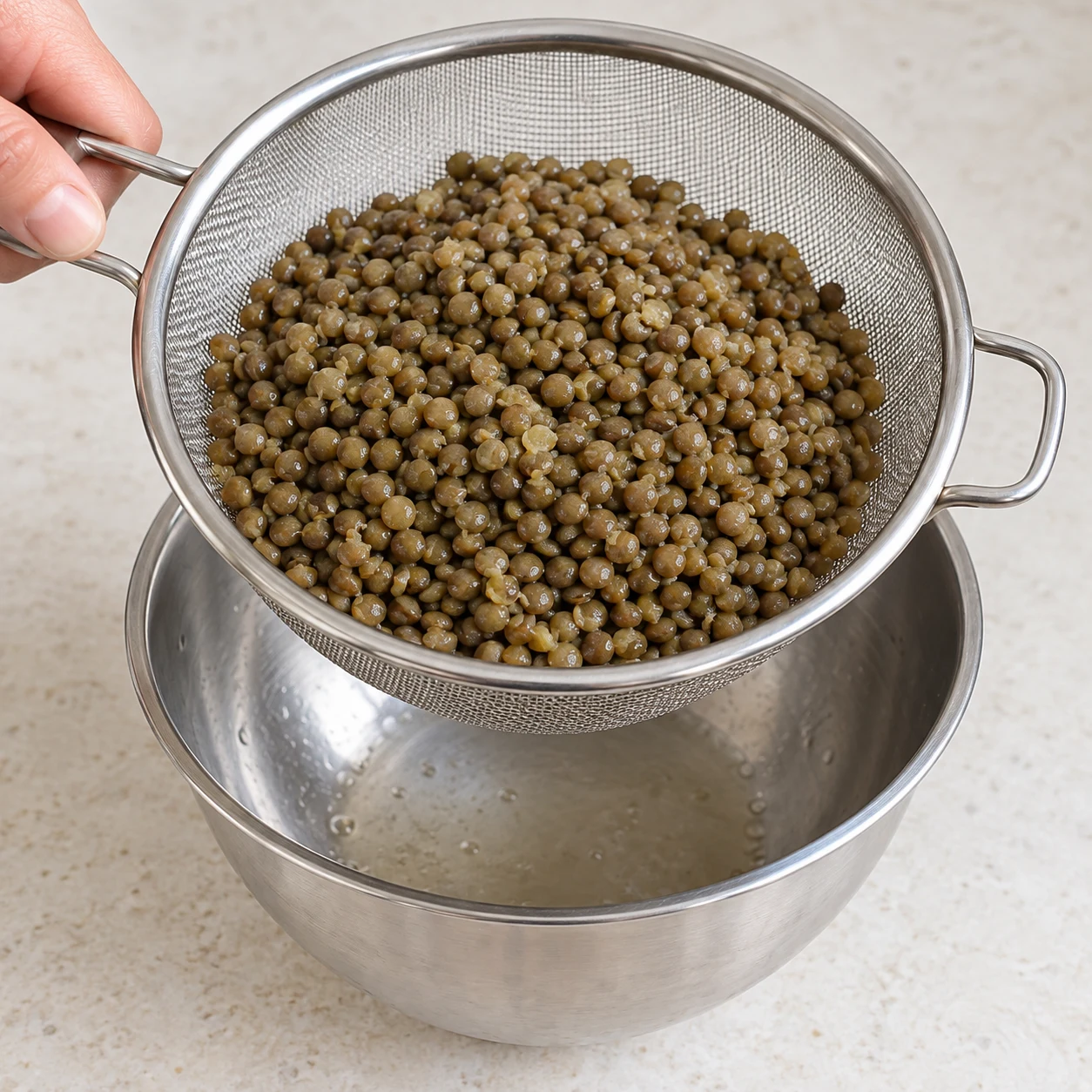 Passoire inox contenant des lentilles vertes cuites égouttées au-dessus d’un récipient ; geste sourcé par la recette d’origine.