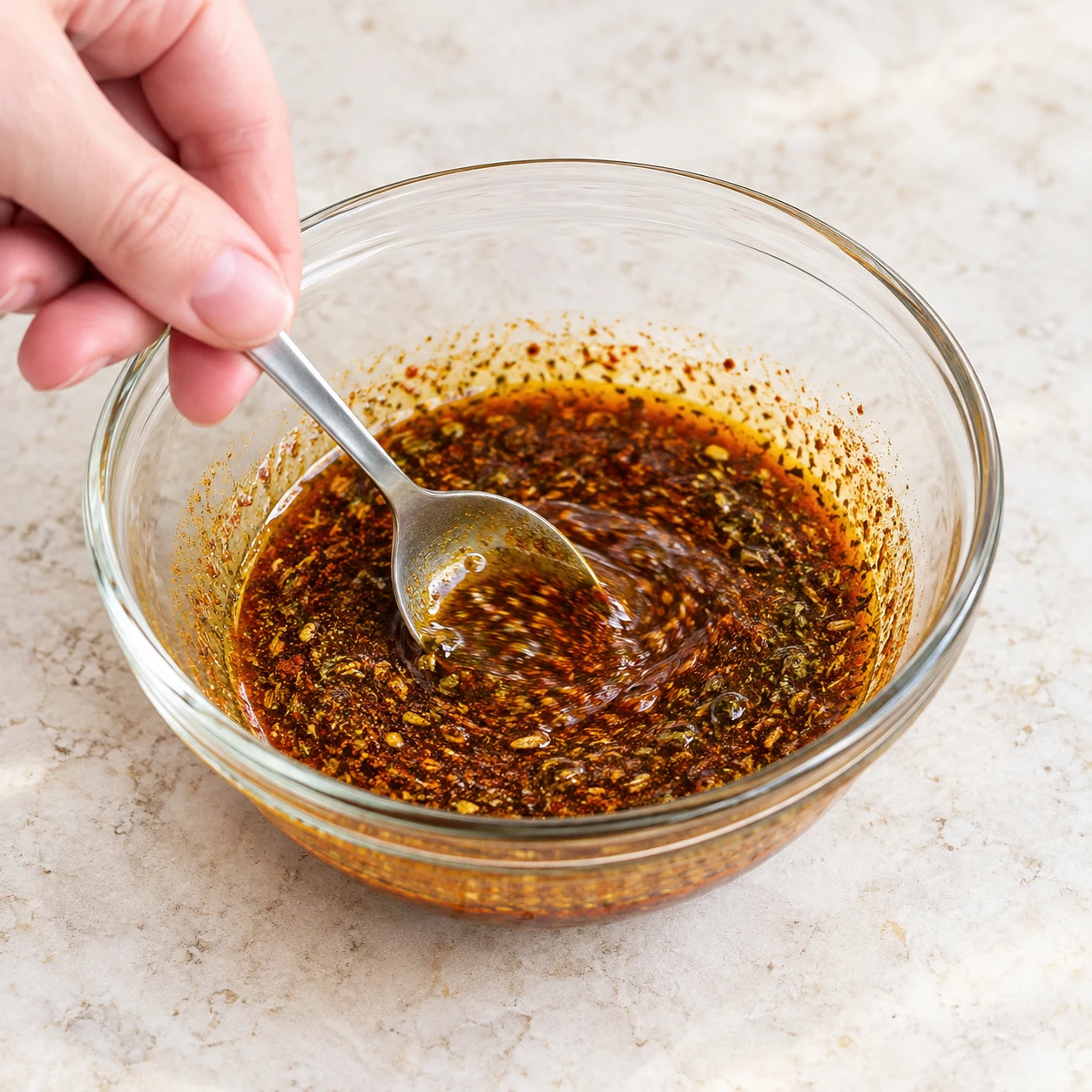Main anonyme mélangeant la marinade rouge brun, huile et herbes dans un récipient en verre ; aucun tofu pendant ce geste décrit par la recette d’origine.