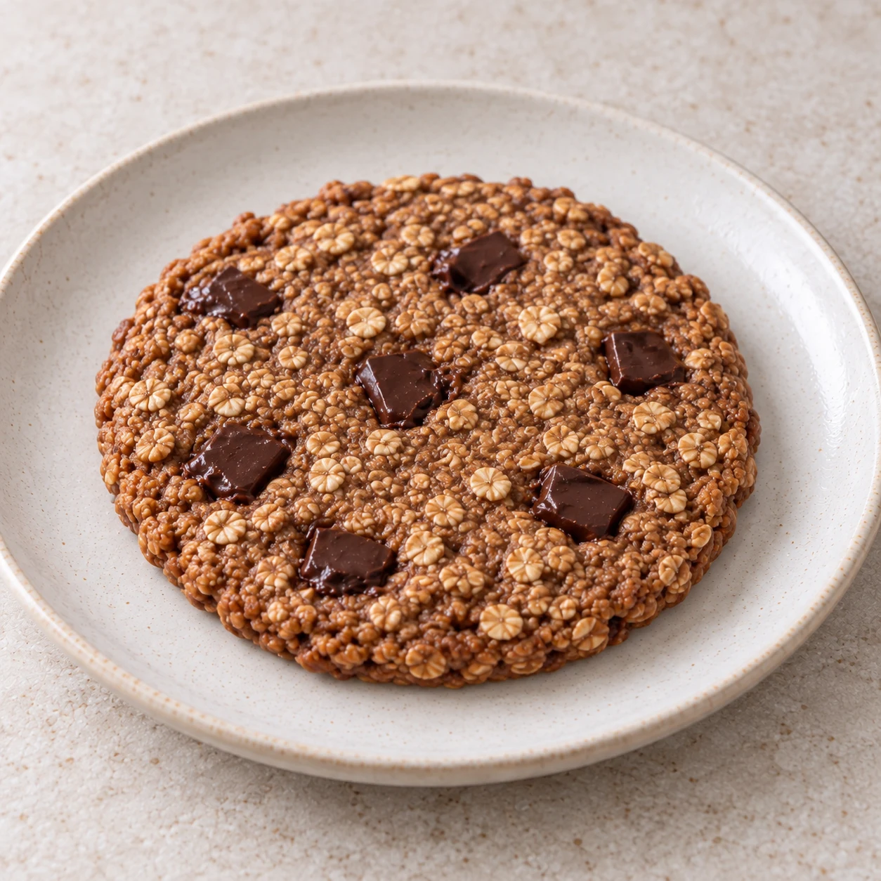 Un grand cookie rond aux flocons et pépites noires, seul sur une assiette neutre, aucune main.