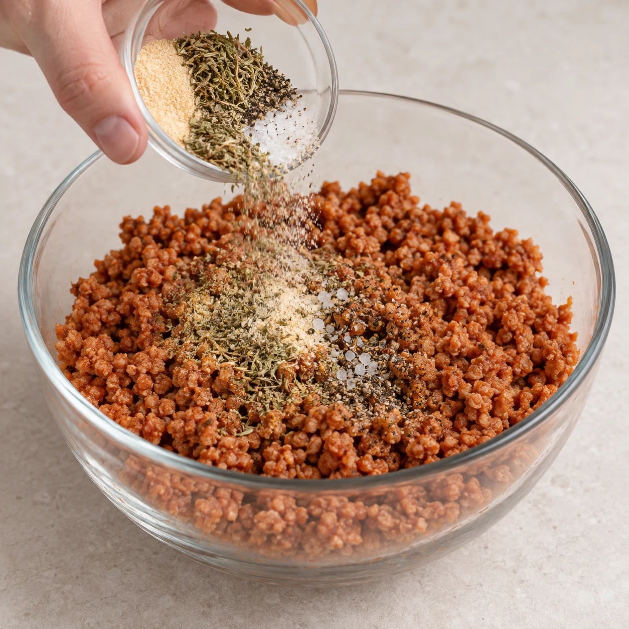Assaisonne les morceaux de haché de soja avec l’ail en poudre, les herbes de Provence, le sel et le poivre, selon le goût. Montrer uniquement les ingrédients déjà introduits ; cadrage rapproché, mains anonymes si utiles.