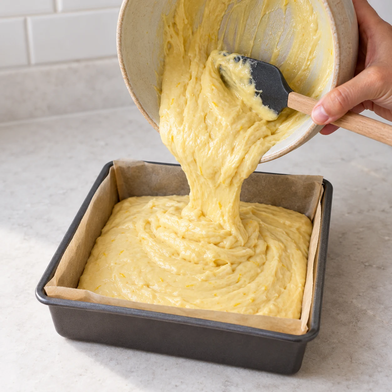 Une main anonyme verse une pâte citronnée épaisse dans un moule carré chemisé.