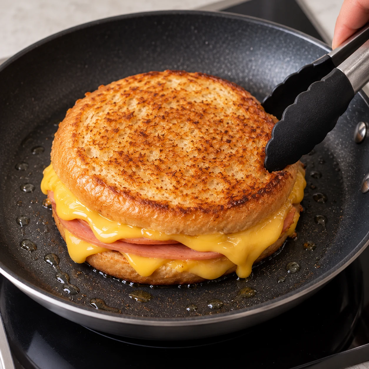 Un seul croque à la poêle antiadhésive, mie dorée vers le haut et tranches végétales jaune fondu sur les bords, jambon végétal rose. Pince de cuisine sûre. Quelques gouttes d’huile neutre dans la poêle comme dans la capture.