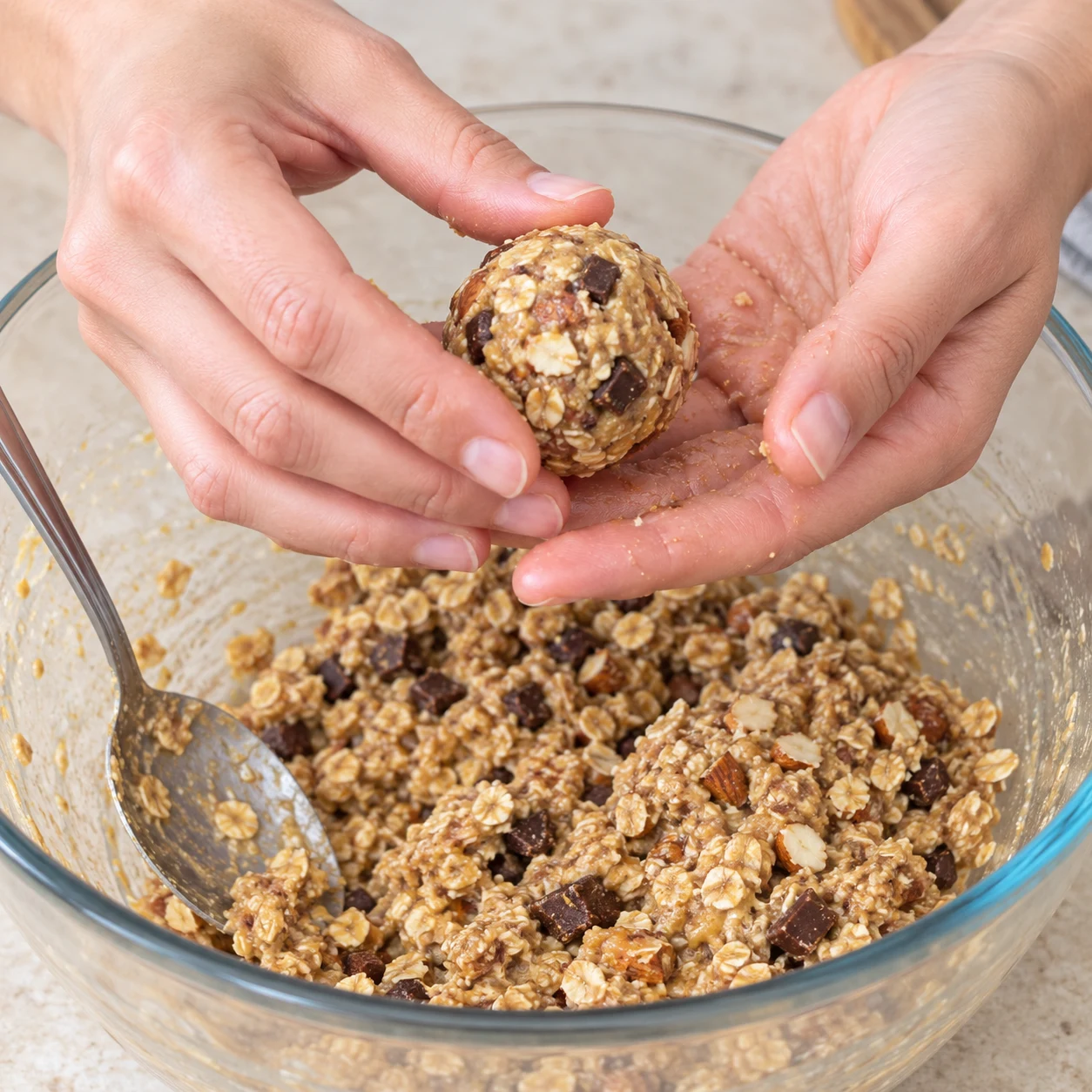 Deux mains adultes anonymes façonnent une boulette au-dessus du saladier, texture grossière de flocons et chocolat.