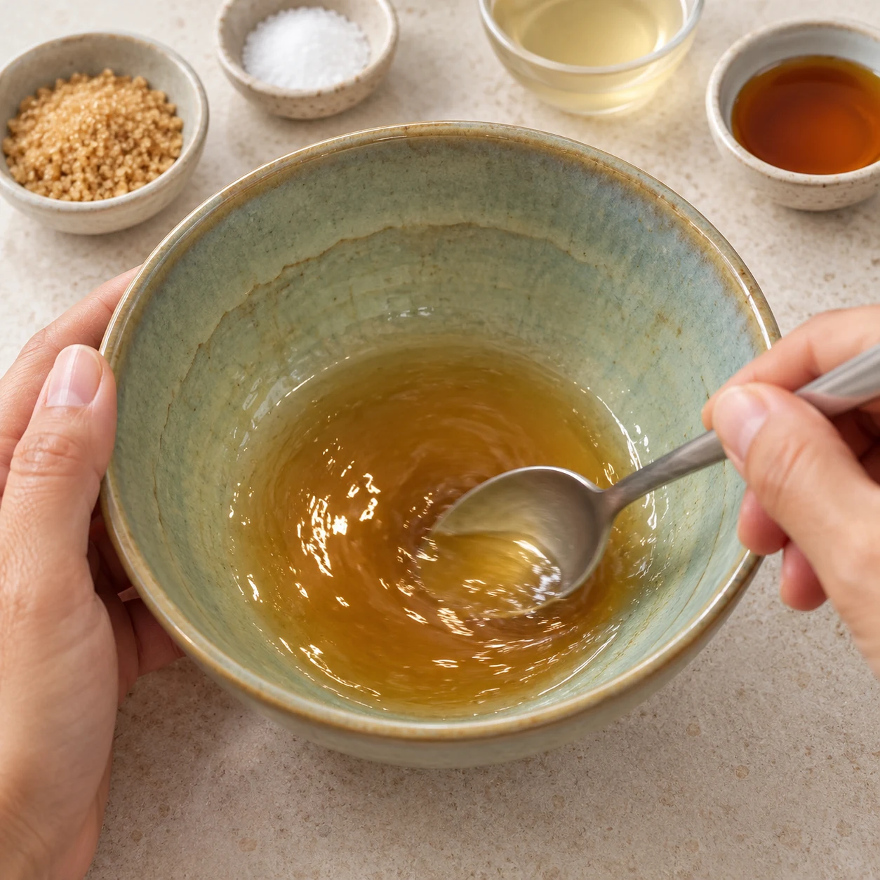 Une main mélange une petite sauce fluide claire ambrée dans un bol avec une cuillère ; aucun chou dans la sauce.