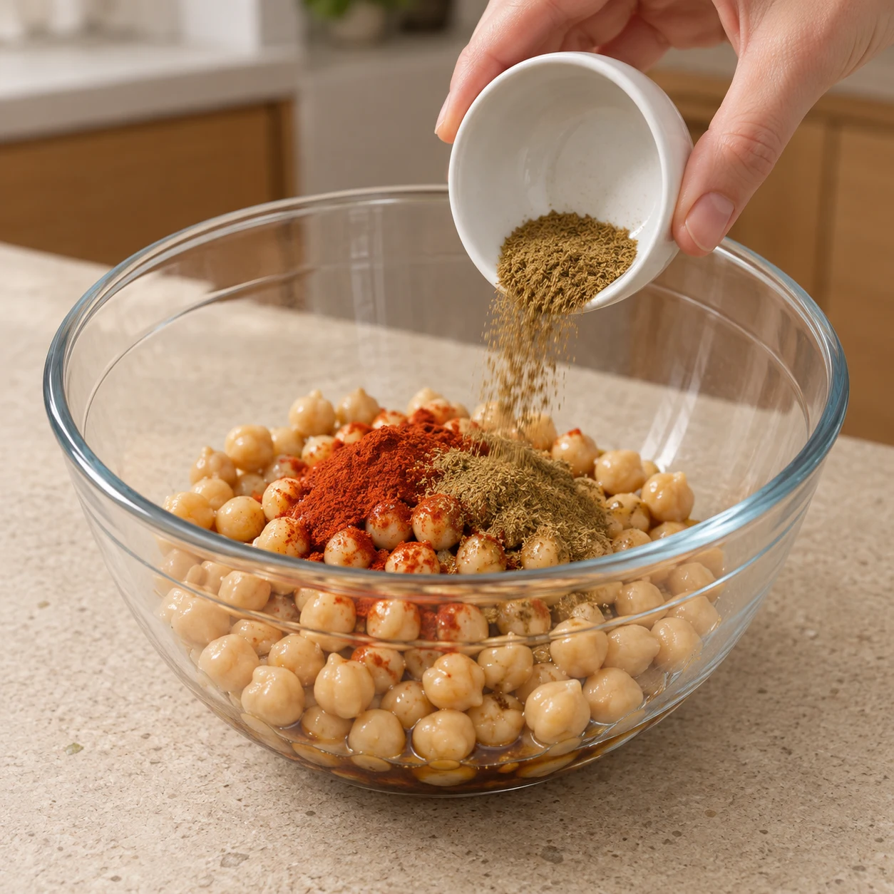 Petite coupelle neutre versant le cumin beige sur les pois chiches avec paprika.