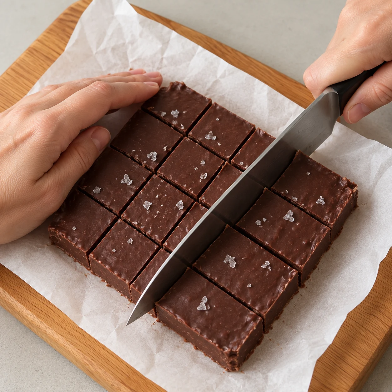 Découpe du fudge chocolat-cacahuète en petits carrés sur une planche stable, main anonyme en position sûre.