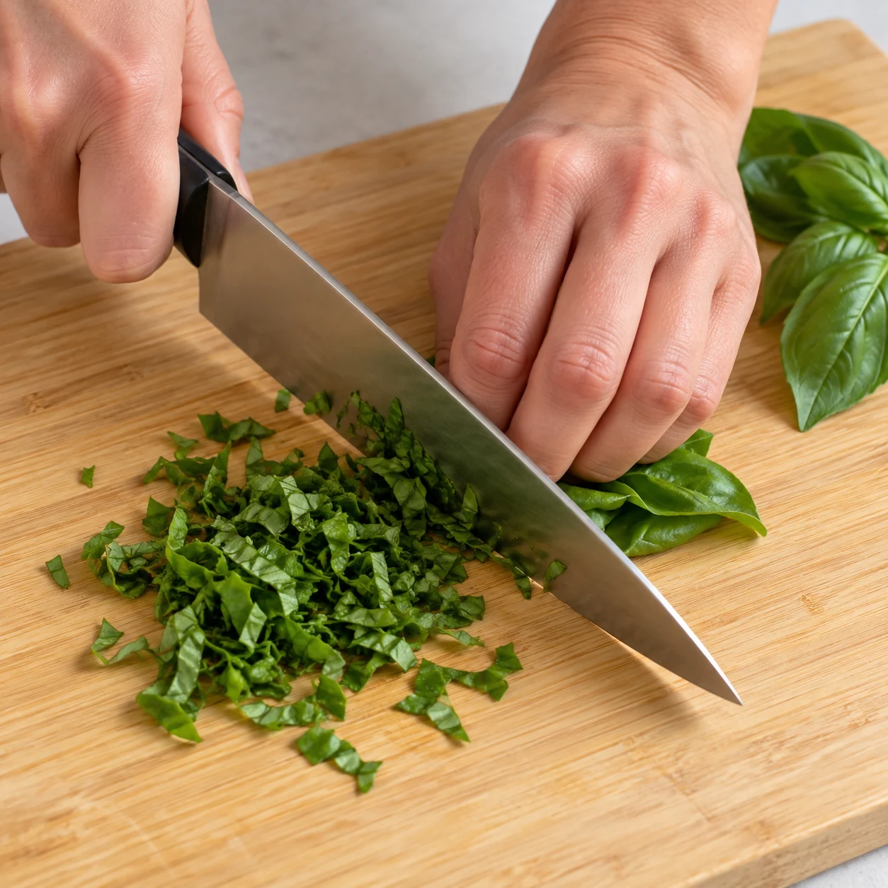 Une photographie carrée réaliste de « Ciseler le basilic ». Les feuilles sont découpées en petits morceaux verts. Seulement les ingrédients autorisés à cette étape. Mains adultes anonymes si le geste l’exige, aucune personne identifiable ni texte.