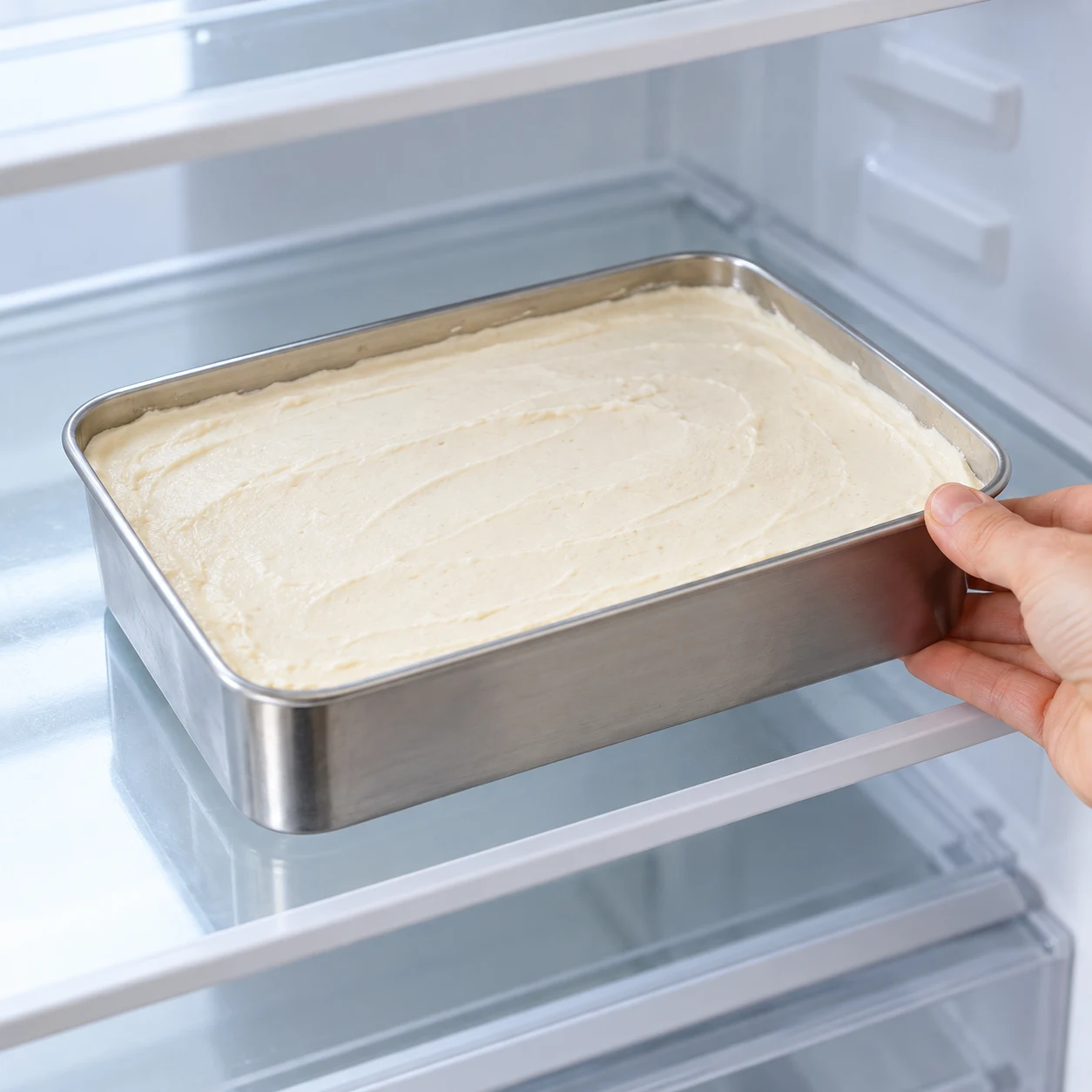 Moule rectangulaire en inox rempli, surface de crème lisse et froide, posé sur une planche en bois.