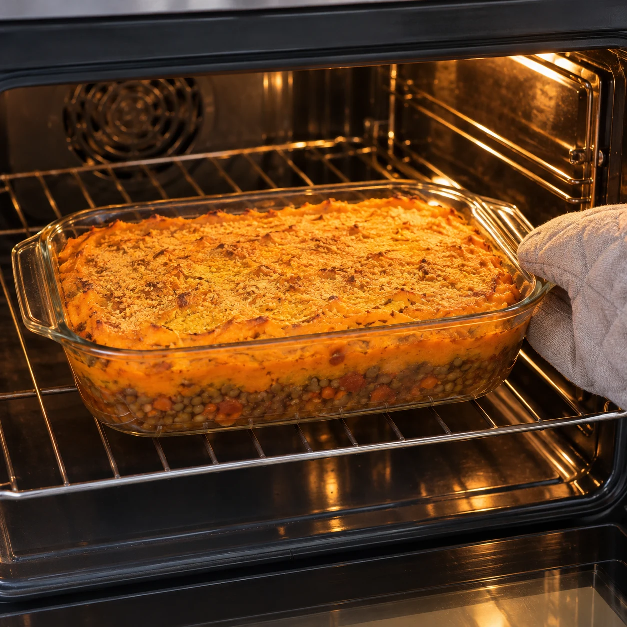 Plat rectangulaire en verre contenant le parmentier orange à levure maltée dans le four, dessus légèrement doré, aucune trace de fromage animal ni de croûte.