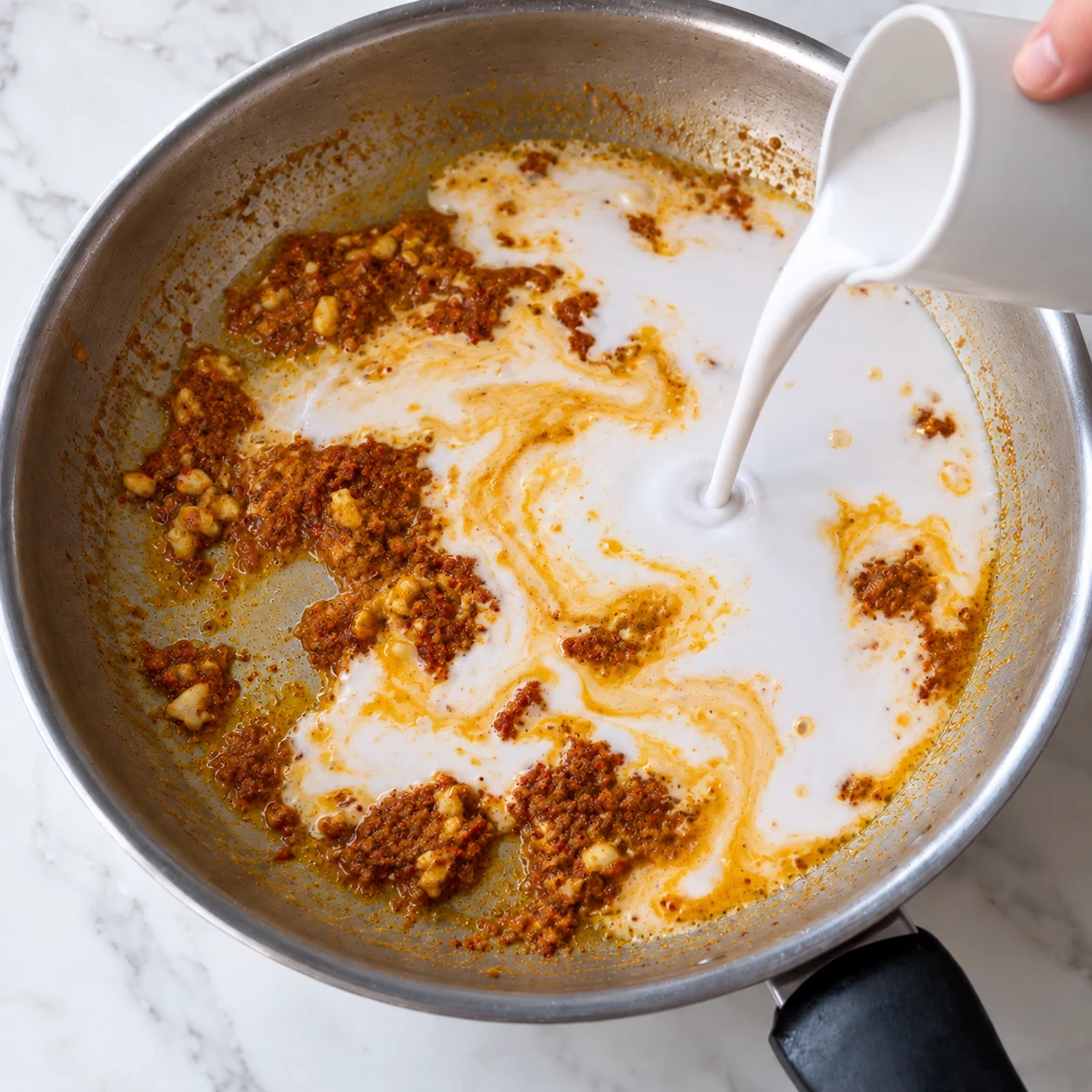 Versez les 400 ml de lait de coco, puis les 400 ml d’eau et le cube de bouillon de légumes. Remuez pour dissoudre le cube.