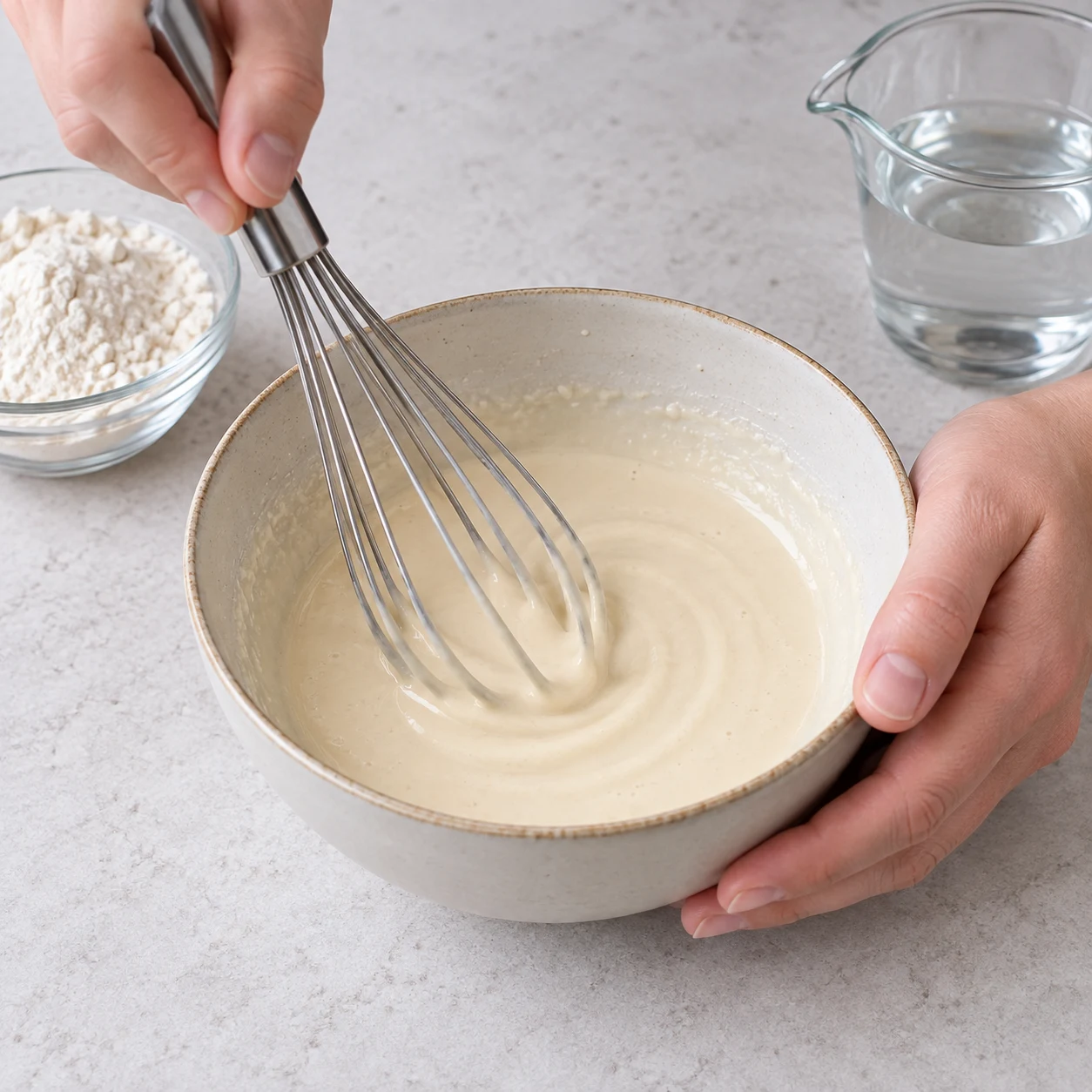 Un fouet mélange une pâte fluide beige claire de farine de blé et eau dans un bol. Aucun œuf, aucune farine de pois chiche.