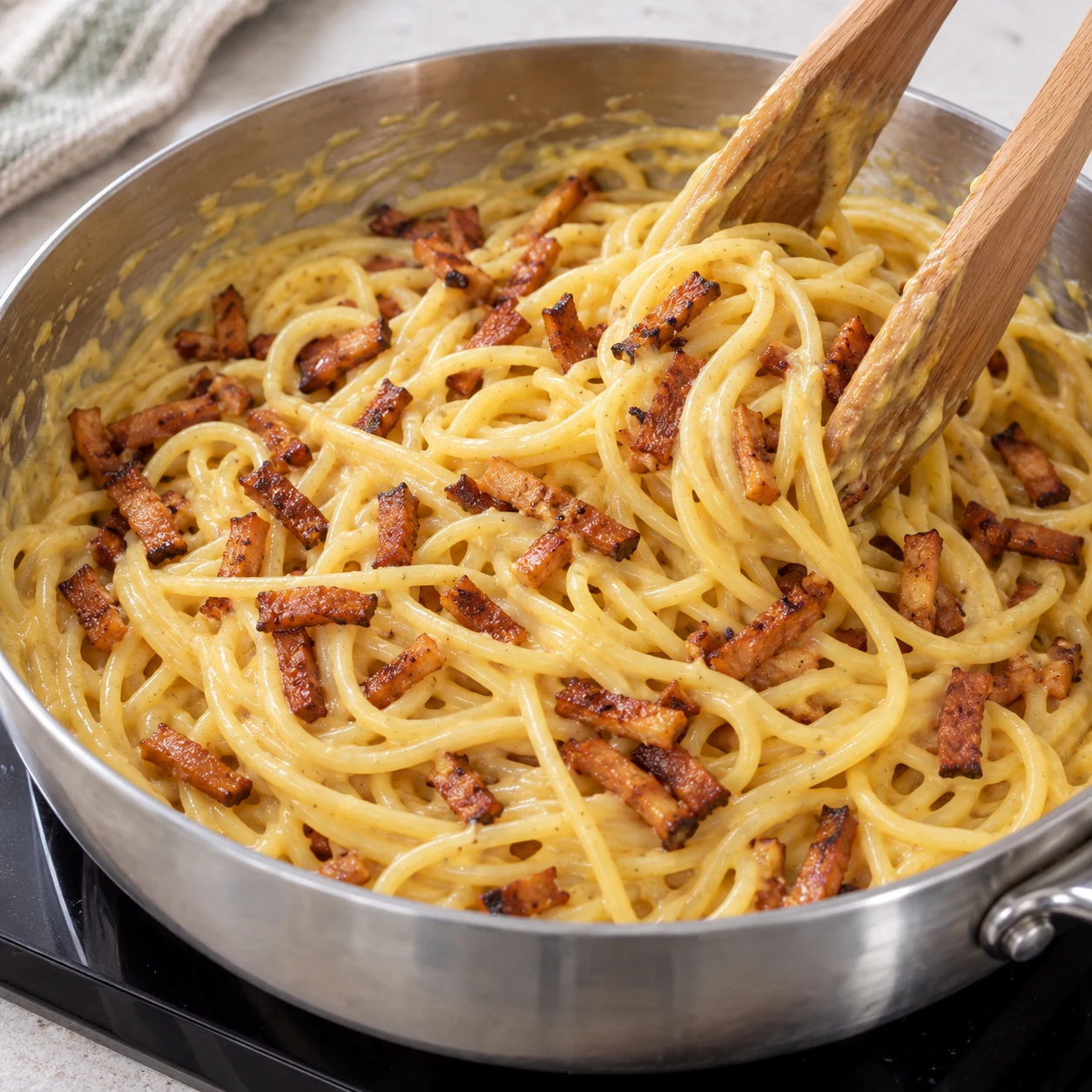 Lardons végétaux fumés ajoutés aux spaghettis.