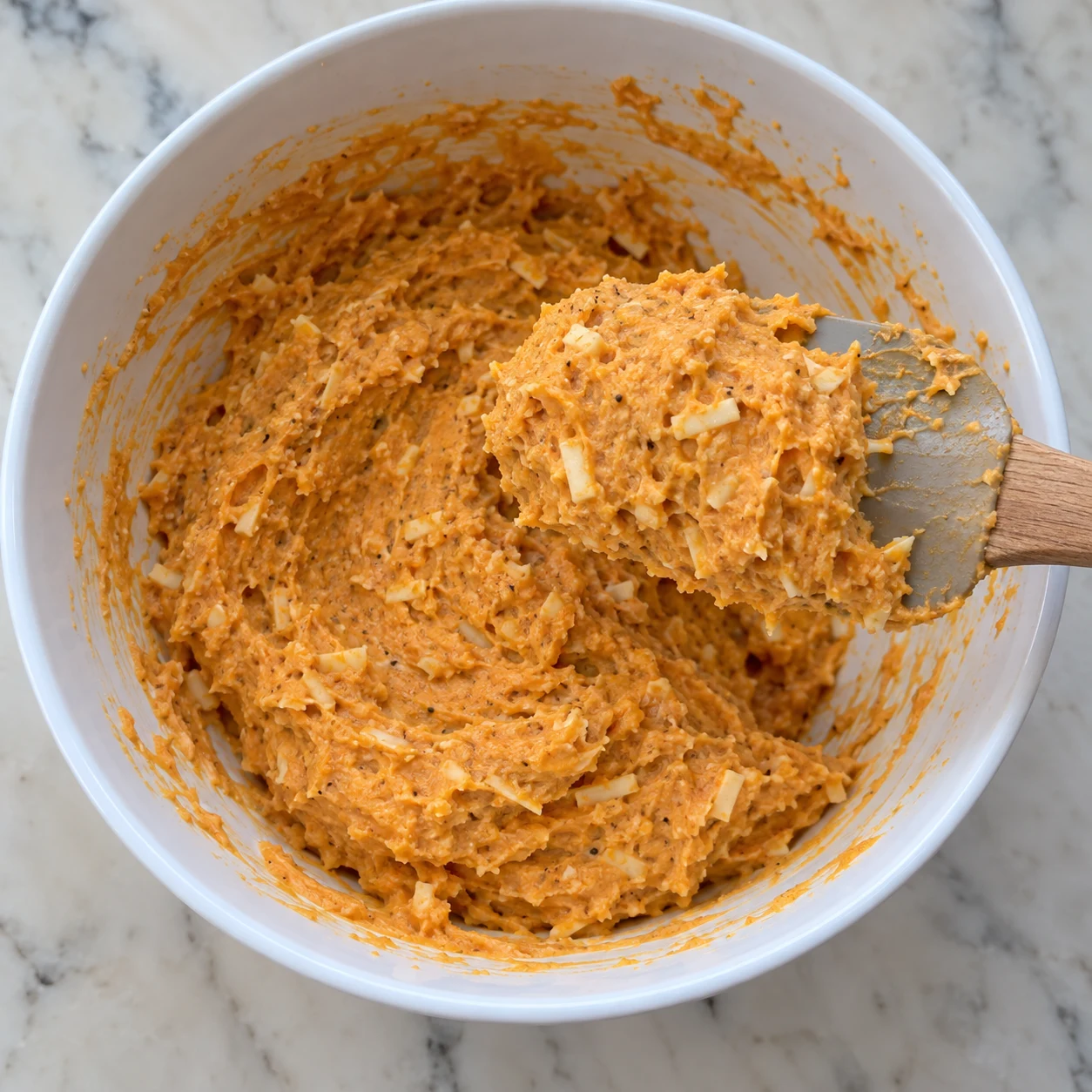 Bol de pâte orange épaisse avec petits fragments végétaux, spatule, sans œuf.