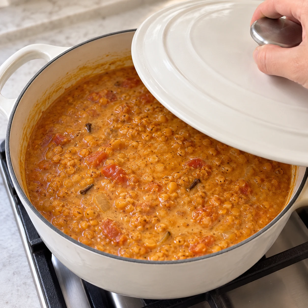 Cocotte blanche de dhal orange avec lait coco incorporé, couvercle posé, liquide encore souple sans épinards.