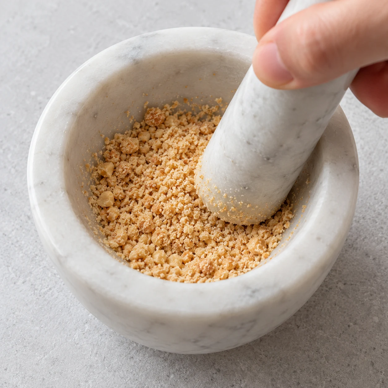 Moudre les cacahuètes des trois pâtes. Les cacahuètes sont réduites en grains fins encore secs, répartis en trois quantités.. Une seule action, mains adultes anonymes, aucun texte.