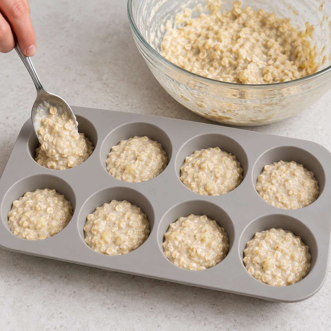 Pâte répartie dans huit moules à muffins.
