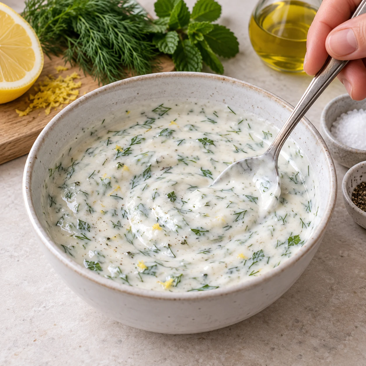 Cuillère mélangeant une sauce blanche au yaourt de soja avec aneth et menthe finement ciselés.