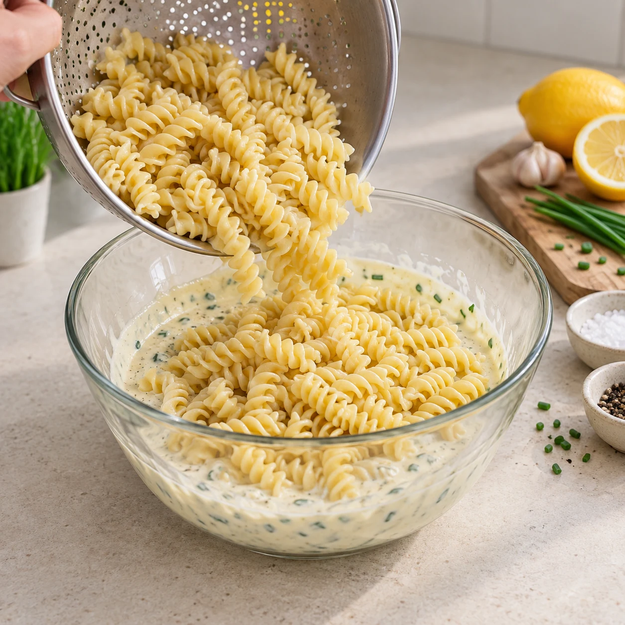 Fusilli froids versés dans la sauce végétale.