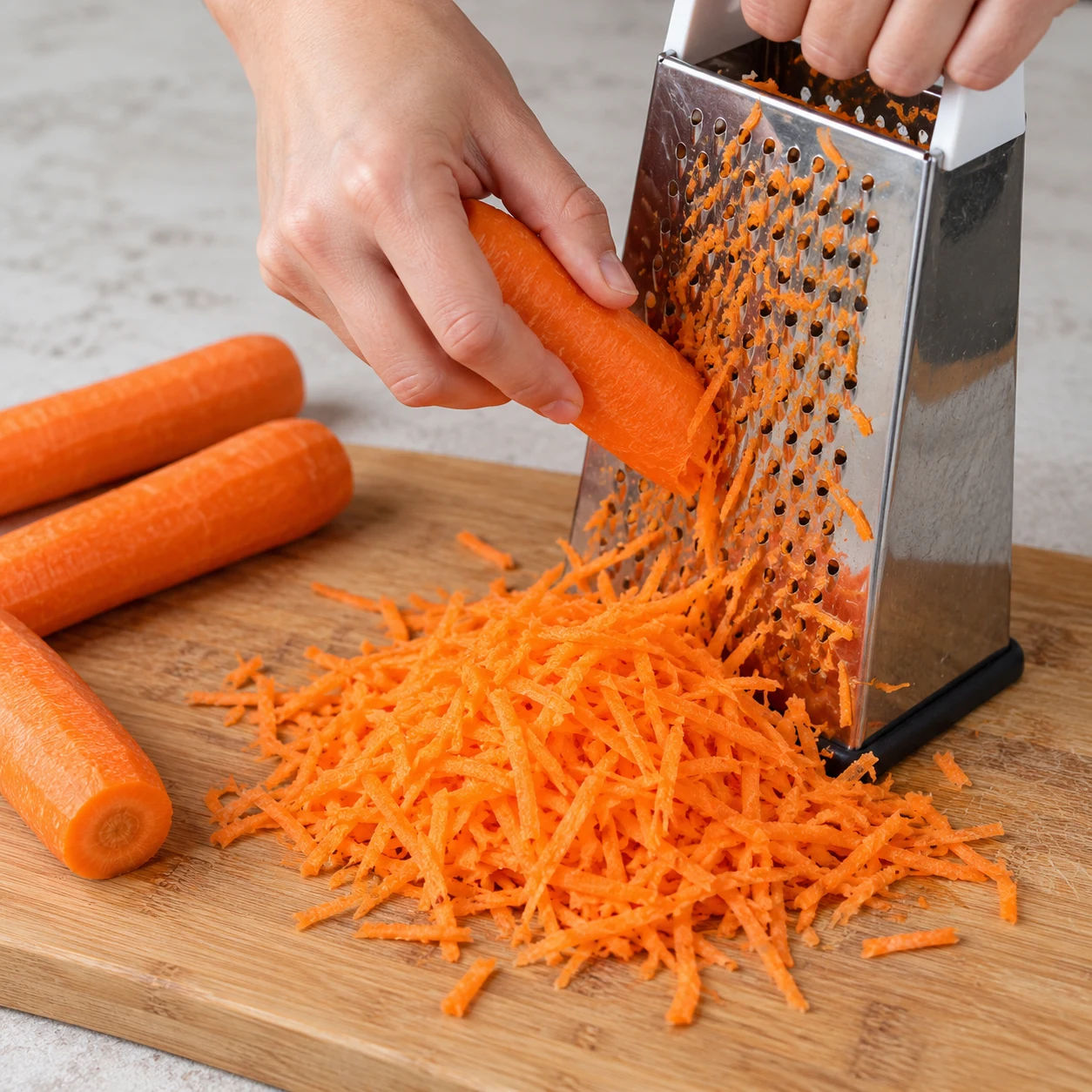Une main anonyme râpe une carotte orange, fins filaments sur une planche ; aucune sauce.