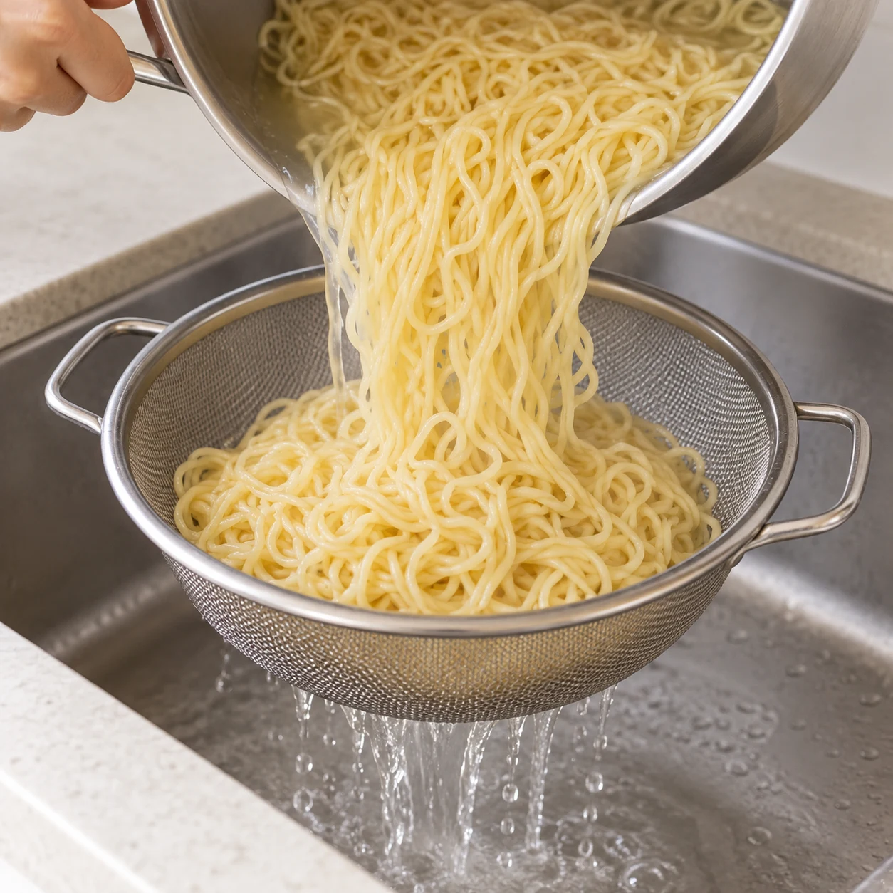 Verse les nouilles cuites dans une passoire. Résultat : L’eau de cuisson s’est écoulée.