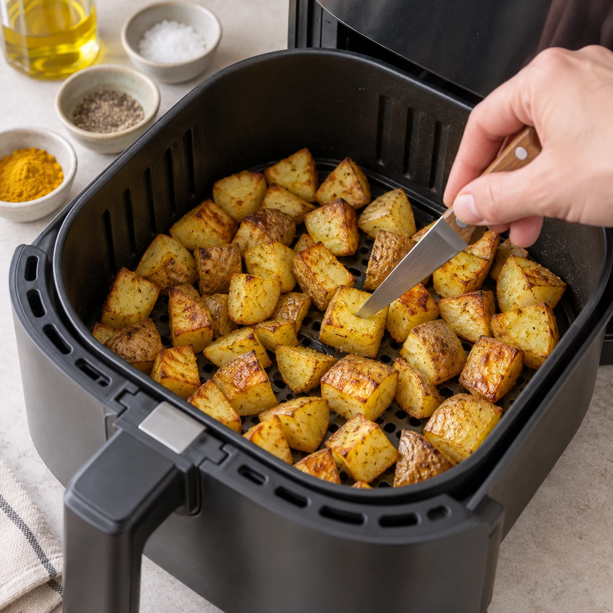 Panier ouvert d’un airfryer avec petits dés de pommes de terre dorés à peau visible.