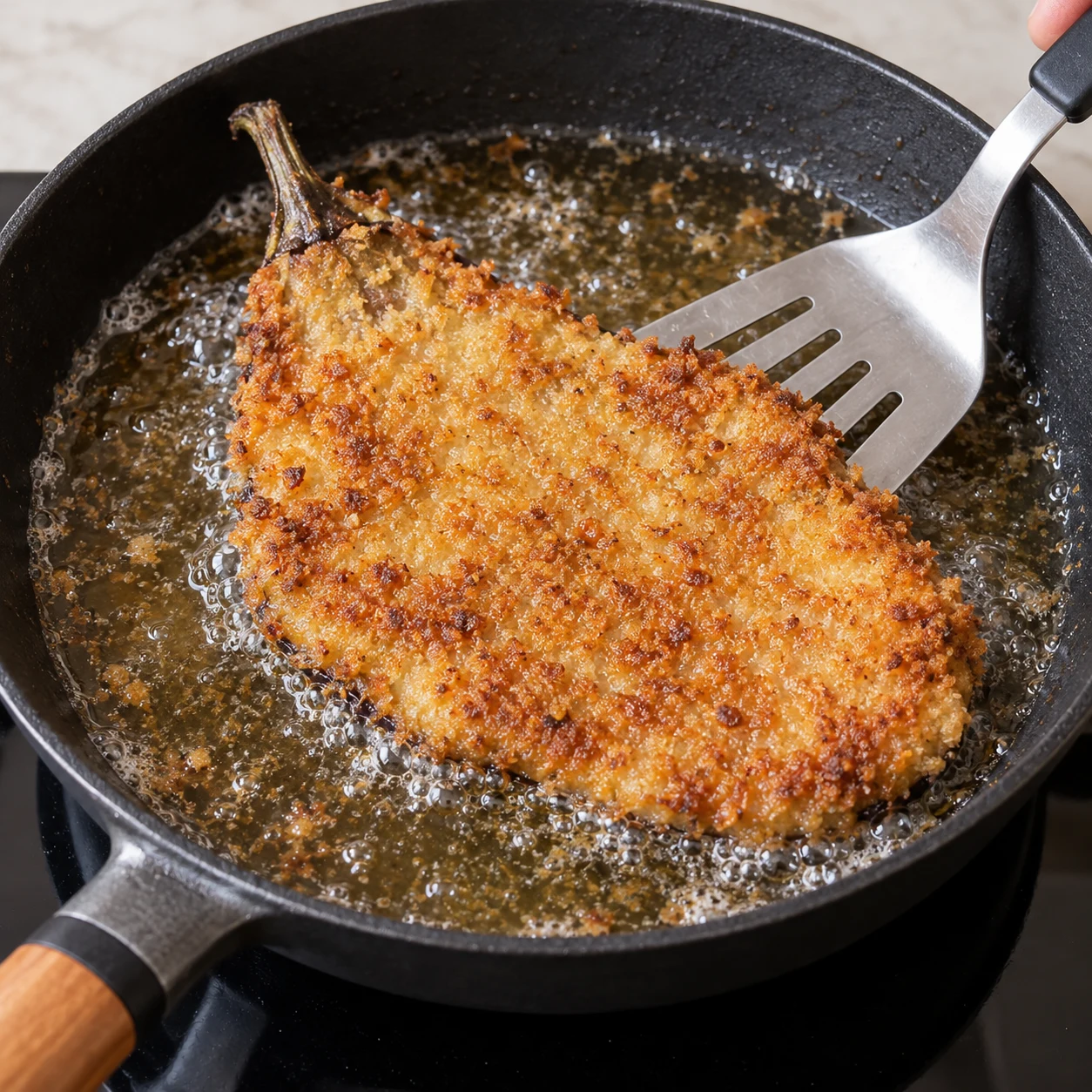 Retournez délicatement l’aubergine en la soutenant avec un ustensile adapté et faites frire l’autre face environ 6 minutes, jusqu’à ce qu’elle soit dorée. Montrer une seule phase de préparation, sans texte et sans personne identifiable.