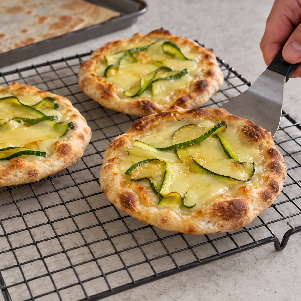 Spatule sous pizzette dorée, transfert sur grille de refroidissement.