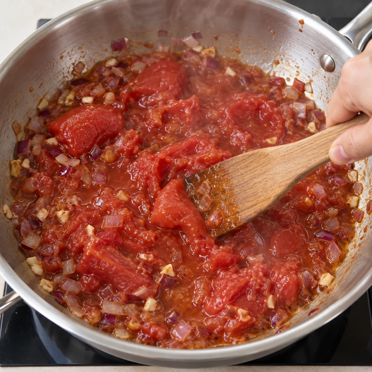 Une spatule en bois écrase les tomates pelées entières dans leur jus, avec oignons et ail. Aucun haricot, épinard ou crème à ce stade.