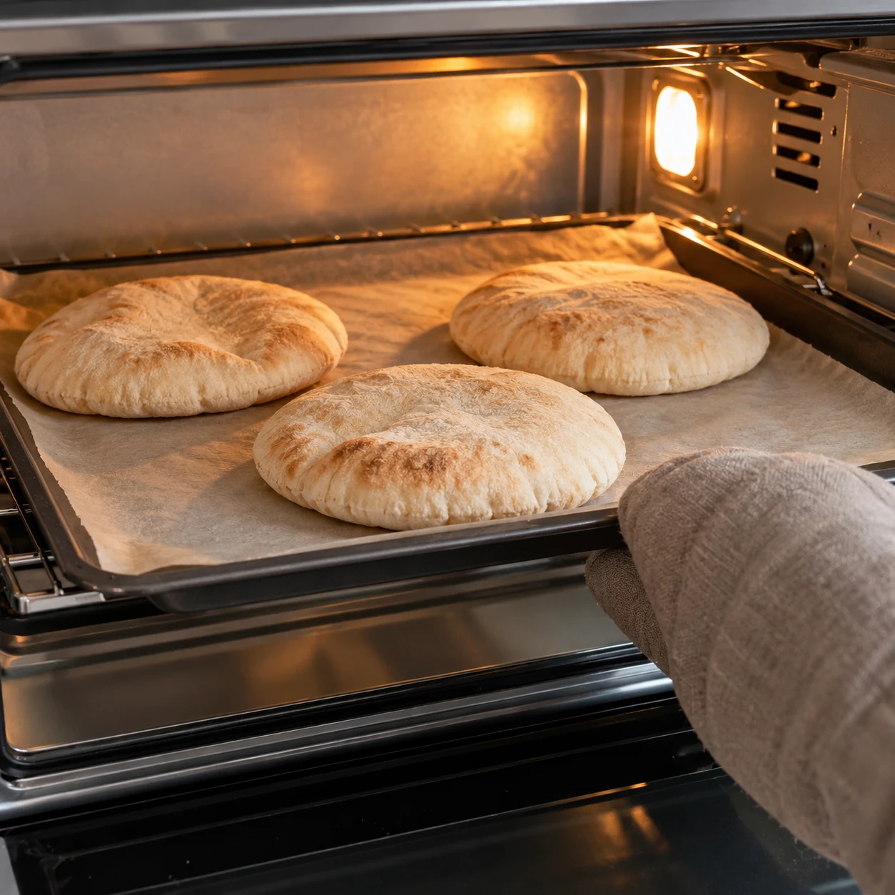 Fais cuire les 3 pains pita au four déjà chaud pendant 5 minutes, comme dans la recette d’origine. Une seule phase, ingrédients de la variante uniquement.