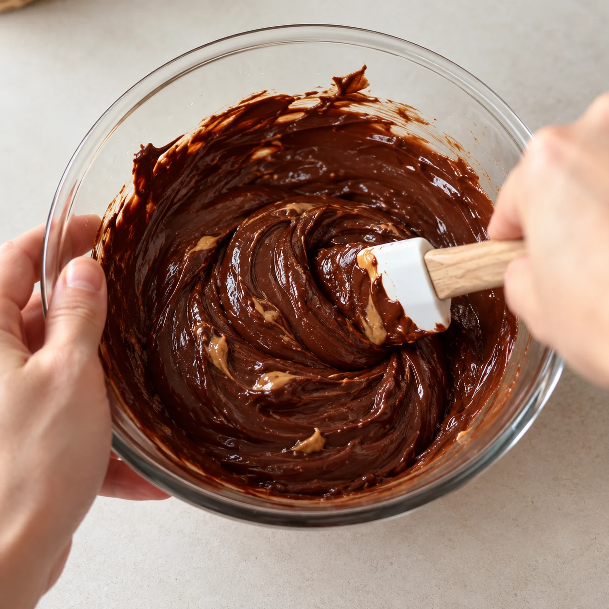 Spatule remuant un mélange de chocolat noir et de purée de cacahuète, épais et brillant.