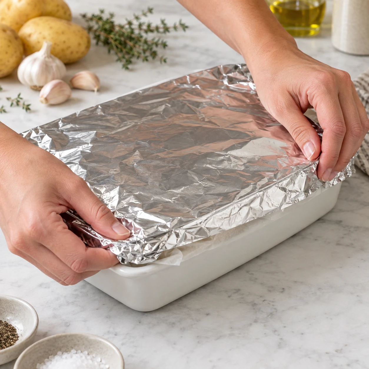 Deux mains anonymes ferment une feuille d’aluminium sur une feuille de papier cuisson couvrant le plat à gratin blanc. Les tranches végétales façon cheddar sont orangées ; aucune matière laitière.