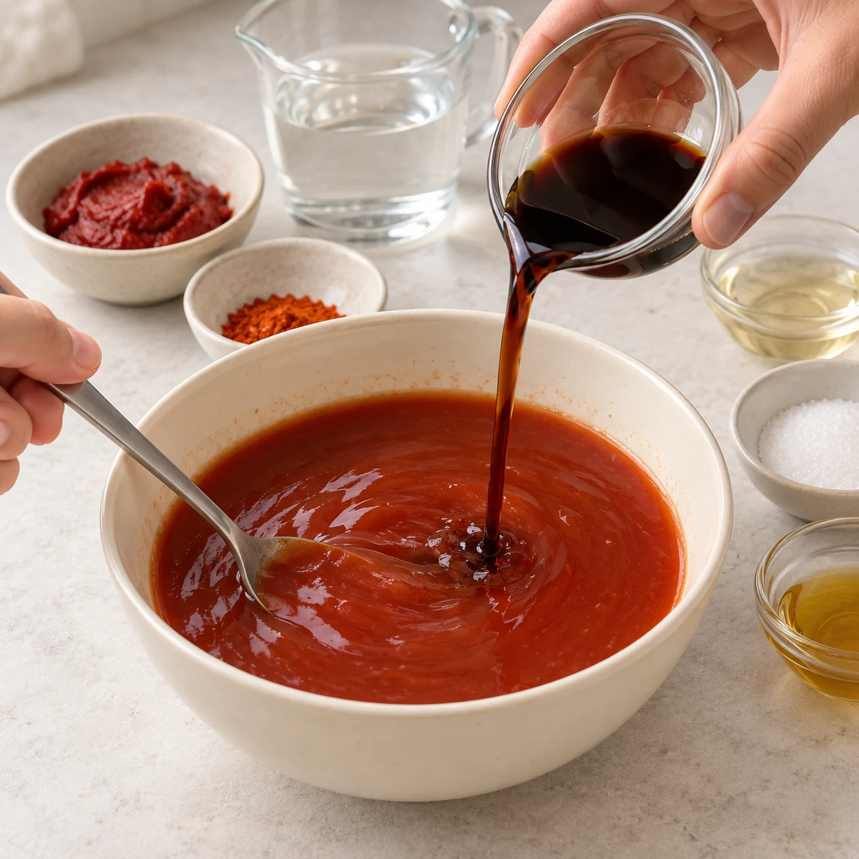 Mélanger la sauce : Pendant la cuisson, mélange dans un bol les 15 g de concentré de tomates et les 0,5 g de piment, les 30 cl d’eau, la 1/2 c. à soupe de vinaigre de riz, le sucre, l’huile de sésame et les 3 cl de sauce soja.